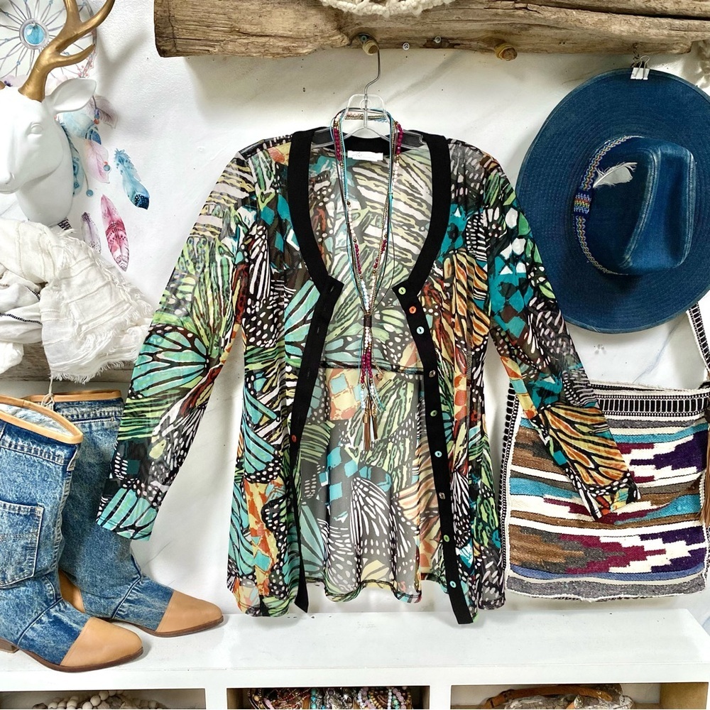 Butterfly cardigan boho semi sheer gem w resort vacay cruise vibe - Picture 2 of 16